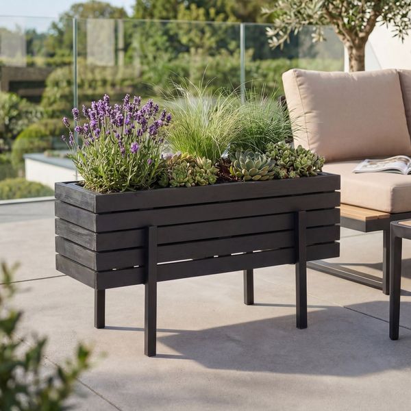 Pflanzkasten HWC-P88, Blumen-/Pflanzkübel Blumenkasten, In-/Outdoor Akazie Holz FSC®-zertifiziert 35 x 62 x 26 cm ~ schwarz