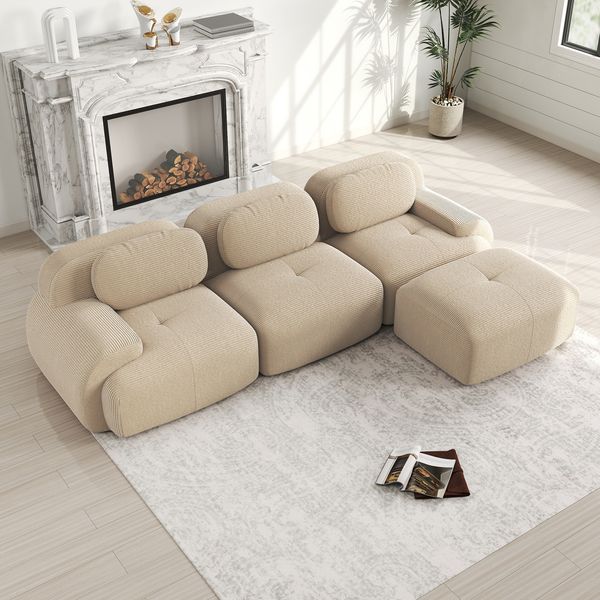 Ecksofa Beige aus Cordstoff, modulares rahmenloses Sofa mit ergonomischem Komfortdesign,298x178x75 cm