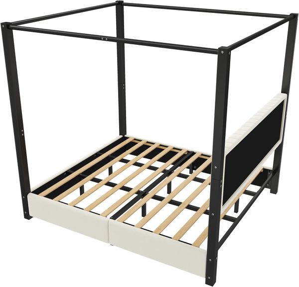 180x200 cm großes Polsterbett mit Himmelbettgestell, Kopfteil und Metallrahmen, Beige+Schwarz Bild 9
