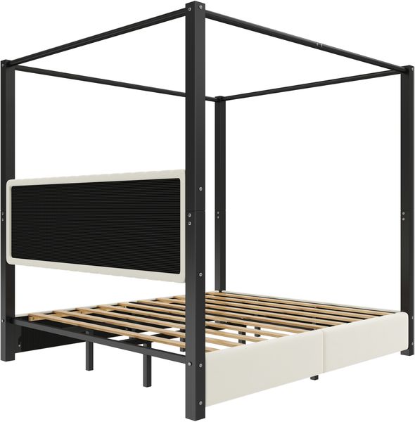 180x200 cm großes Polsterbett mit Himmelbettgestell, Kopfteil und Metallrahmen, Beige+Schwarz Bild 7