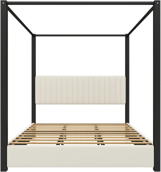 180x200 cm großes Polsterbett mit Himmelbettgestell, Kopfteil und Metallrahmen, Beige+Schwarz Bild 6