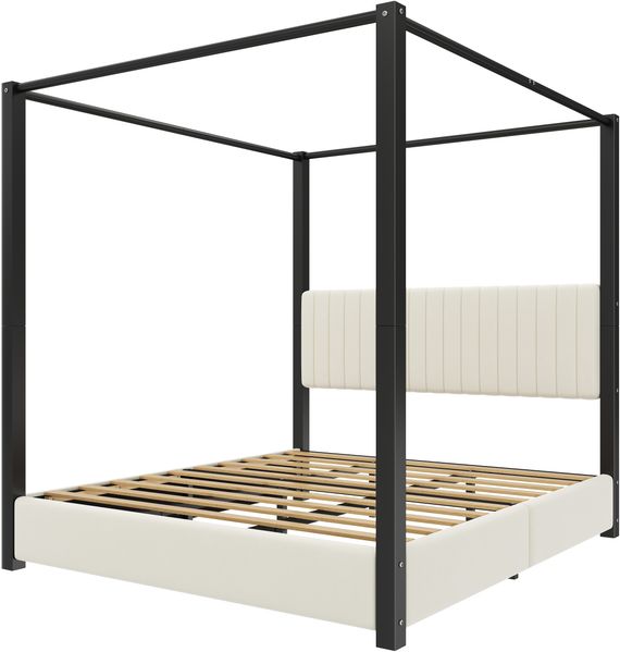 180x200 cm großes Polsterbett mit Himmelbettgestell, Kopfteil und Metallrahmen, Beige+Schwarz Bild 10