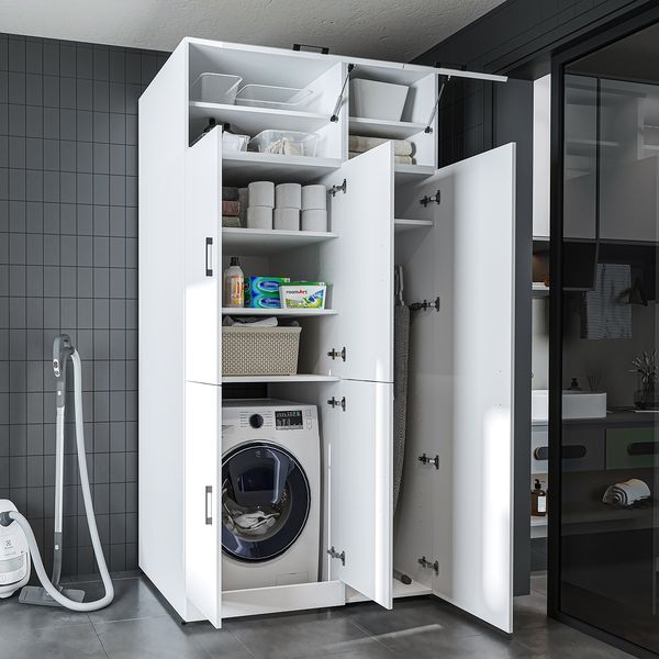 Roomart Waschmaschinenschrank - DORA-II- 115 cm breit - Wasch- & Trocknerschrank mit Türen & Ausziehbrett, Waschmaschinen-Überbau für Waschküche & Hauswirtschaftsraum • Weiß