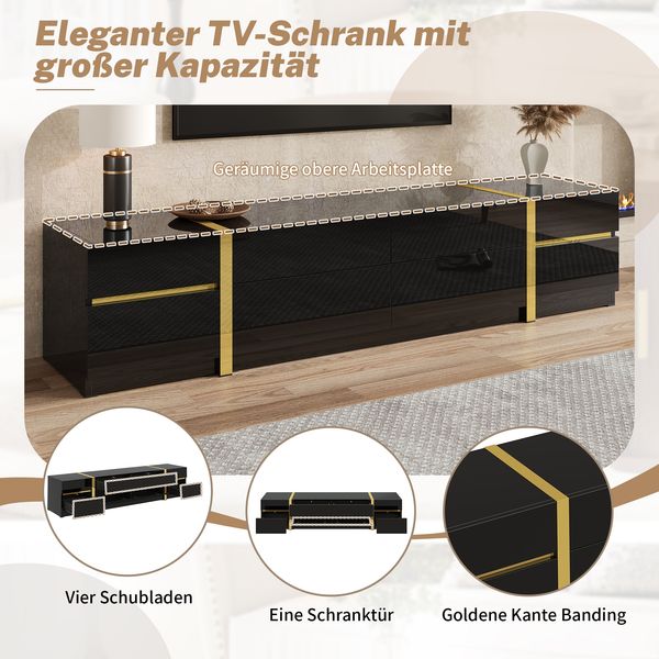 TV-Schrank 180 x 40 x 38 cm in Schwarz, Hochglanz mit goldfarbenen Akzenten, 4 Schubladen und 2 Türen Bild 6