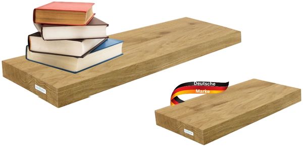 2er Set Wandregal Holz HYDI - Eichenholz Massiv | Bücherregal Schwebendes Regal Hängeregale für Wohnzimmer