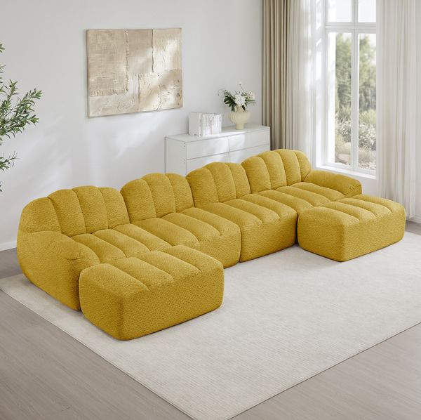 Modulares Ecksofa 4-Sitzer 79cm×366cm×165cm in Gelb – frameloses Wohnzimmer-Sofa mit Ottoman und weichem Fleecebezug
