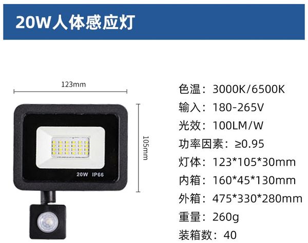 LED-Außenstrahler 20W mit Bewegungsmelder IP65 6500K