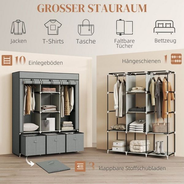 MC Star Kleiderschrank Stoffschrank mit Kleiderstange, Schubladen, Reißverschluss (Faltschrank für Schlafzimmer, Ankleidezimmer, 125 x 43 x 162,5 cm, Hellgrau)