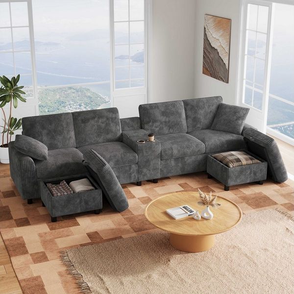 BlingBin 4-Sitzer Modernes U-förmiges Sofa aus Cord Sofa für Wohnzimmer, Arbeitszimmer, mit 2 Getränkehaltern und 2 Zierkissen, B315×H81×T135 cm 1 Teile, mit USB-, Type-C- und Steckdosen-Ladefunktion