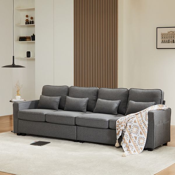 Modernes 4-Sitzer-Sofa aus Leinenstoff, Viersitzer-Sofa mit Armlehnentaschen und 4 Kissen, Sofa im einfachen Stil, geeignet für Wohnzimmer, Wohnung, Büro, 3 Farboptionen für Sofas, Dunkelgrau