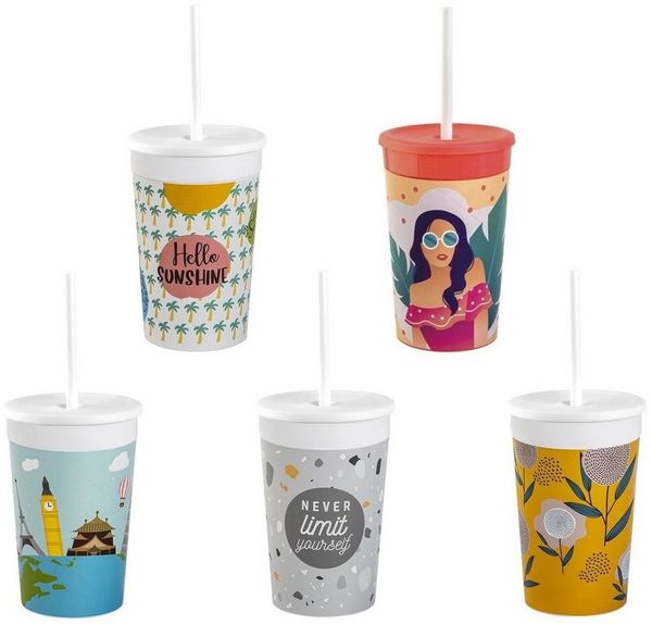 Engelland Kinderbecher Kunststoffbecher mit Deckel & Strohhalm, Bunte Mischung, 330 ml, 5-tlg, Kunststoff (BPA-frei), Trinkbecher, Partybecher, Kindergeburtstag, Plastikbecher, Mehrweg