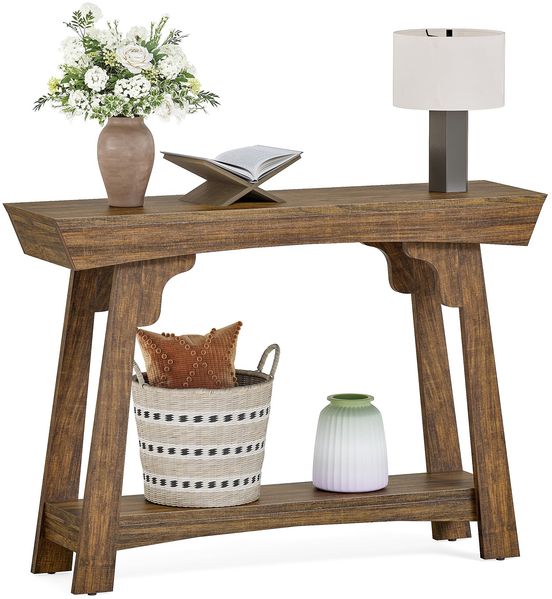 LITTLE TREE 41-Zoll-Konsolentisch mit Stauraum, 2-stufiger Sofatisch hinter der Couch, Landhaus-Eingangstisch für Wohnzimmer, Flur (Rustikales Braun)