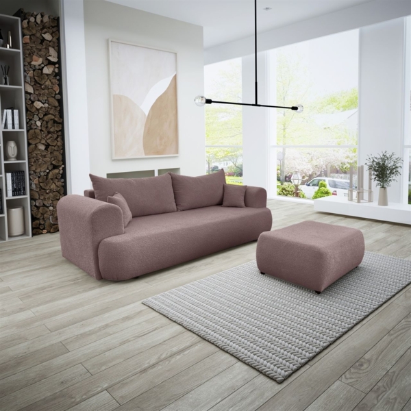 Sofa Schlafsofa 3-Sitzer ANIKE inkl. Polsterhocker in Stoff Now or Never Altrosa