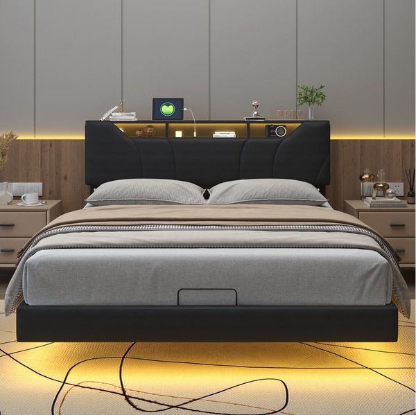FUROKOY Stauraumbett Schwarze Hydraulisches Bett Hängebett mit LED-Beleuchtung (Höhenverstellbares Kopfteil mit Stauraum, LED Licht und USB Ladefunktion), Polsterbett Doppelbett 140x200cm Mit Bettkasten, PU, Schwarz