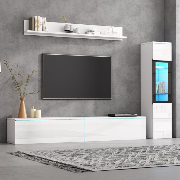 3-tlg. Wohnwand Weiß mit LED, TV-Schrank 180 x 33 x 30 cm, Vitrine 30 x 33 x 130 cm, Wandregal 140 x 13,5 x 18 cm