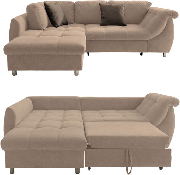 Ecksofa Schlafcouch L-Garnitur Bettkasten Ottomane links Mikrofaser Hellbraun