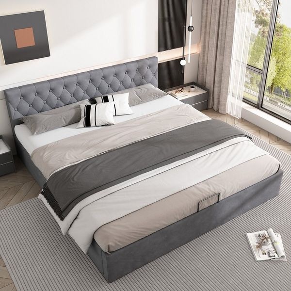 STILVORA Polsterbett 180×200cm Doppelbett mit geknöpftes Kopfteil,Bett mit Stauraum (Hydraulisch anhebbarer Bettstauraum, Doppelbett mit Gepolstertes Kopfteil und Lattenrost, Samt-Stoff), 180 X 200 cm