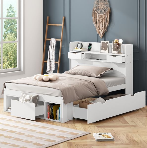 Einzelbett mit USB-Anschluss & Stauraum, 90x190 cm, weiß, ohne Matratze