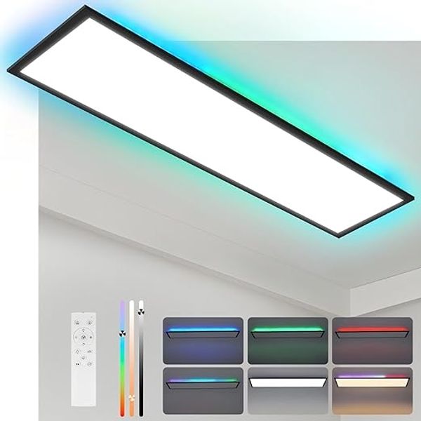 ZMH LED Panel 120x30 Dimmbar Lang flach Deckenleuchte RGB Farbwechsel Deckenpanel mit Fernbedienung 36W Schwarz Groß Rechteckig Bürolampe für Spielzimmer Büro Wohnzimmer