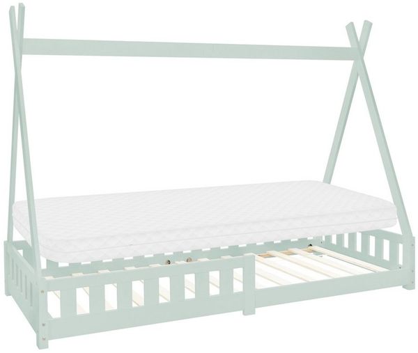 ML-DESIGN Spielbett Hausbett Tipi Zeltbett inkl. Lattenrost Bodenbett Kinder Himmelbett, Abenteuerbett mit Rausfallschutz Zelt Bett Kiefer Mint Kinderhaus