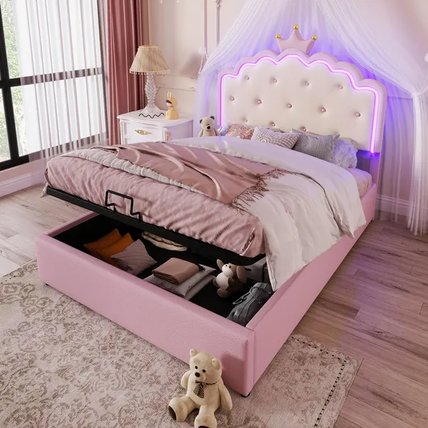 Prinzessinbett mit Stauraum und LED-Beleuchtung, 140x200 cm, Mädchenbett, Polsterbett für Mädchen, Doppelbett, Kunstleder