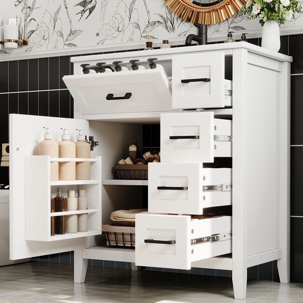 76x46x90cm freistehender Badezimmerwaschtisch, lackierte Oberfläche, vier geräuschlose Schubladen, Klappschubladen, Schranktürregale, schwarze Griffe, integriertes Keramikwaschbecken, weiß.