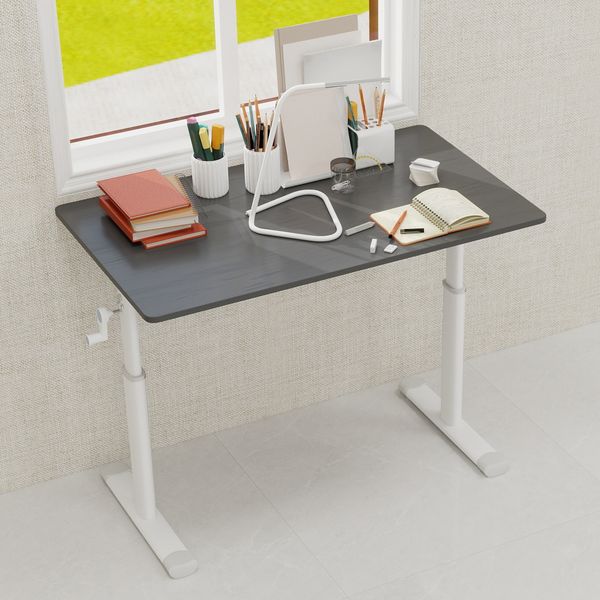 Höhenverstellbarer Schreibtisch manuell, Grau – Steh-Sitz Tisch mit Kurbel, Doppelsäulen Gestell, stabil Home Office Tisch, Schreibtsch
