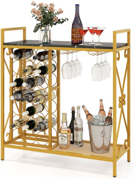 Weinregal für 21 Flaschen Freistehender Flaschenregal mit Glashalter und Tischplatte Weinständer Metall 93 x 38 x 102 cm Gold