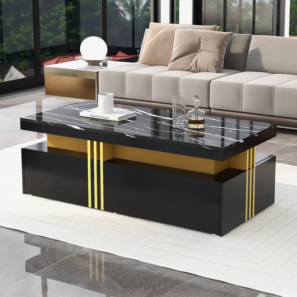 Couchtisch 100 x 50 x 40 cm mit 2 Schubladen, hochglänzender Marmor-Optik und Metallakzenten