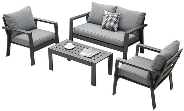 MeXo Gartenlounge-Set Gartenmöbel Set 4 Personen Aluminium Wetterfest Hochlehner 4 Sitzer, (einteiliges 10cm Premium-Sitzkissen, 4-tlg, Gartentisch 100x50cm), Gartenset 4 Personen Ergonomisches Design, Café-Ecke Alu