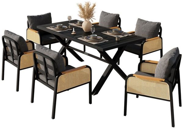 Refined Living Gartenlounge-Set 7-teiliges Gartenmöbel-Set Essgruppe Outdoor, Tisch + 6 Stühle, (Schwarz & Natur, 7-teiliges Gartenmöbel-Set, 148x80x75 cm Tisch, 57x63x84 cm Stühle, Eisengestell, 1-tlg, Holzoptik Tischplatte, Rattan Armlehnen, mit Kiss...