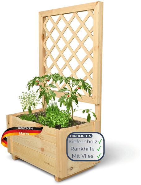 Pflanzkasten mit Rankgitter THIO - Inkl. Vlies & Handschuhe | Hochbeet mit Rankhilfe Blumenkasten für Kletterpflanzen hängende Körbe Pflanzgefäß aus Holz, 58cm Breit
