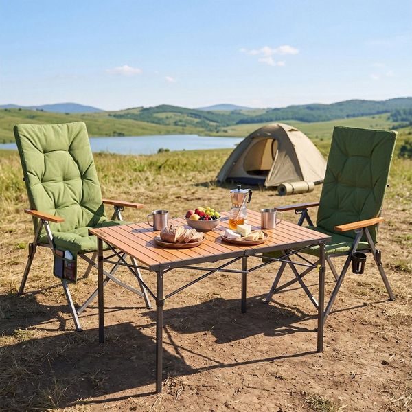 HOMECALL Campingstuhl Klapptisch-Set mit 2 Stühlen Hochlehner Luxus Klappstuhl Campingtisch (gartenstuhl klappbar für 4-6 Personen), mit 4,5cm Dicke Gepolstert