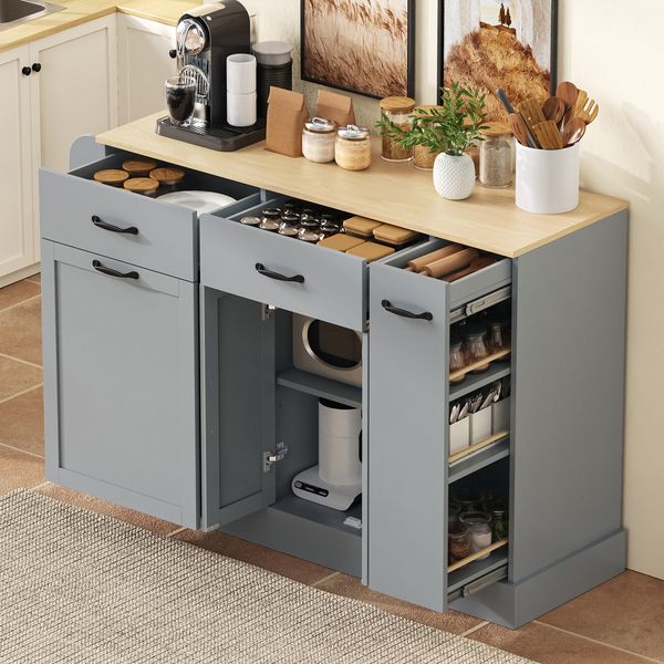 Modernes Sideboard mit unterschiedlichen Schubladen, Buffetschrank mit Abfallbehälterfach und externer Gewürzregal für Esszimmer, Wohnzimmer und Küche (Grau)