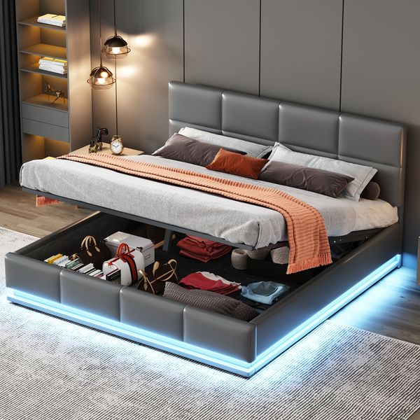 Polsterbett 160 x 200 cm mit LED, Metalllattenrost & Bettkasten, Doppelbett mit höheverstellbarem Polsterkopfteil & hydraulischem Stauraum, Grau (ohne Matratze)