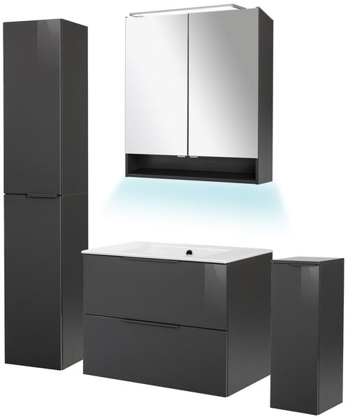 FACKELMANN LUNA Badmöbel Set 6-teilig 80 cm breit, Anthrazit, Waschbecken Keramik Weiß + LED Spiegelschrank + Hochschrank + Midischrank + Ambientebeleuchtung