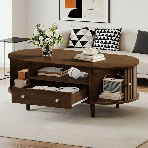 Merax Couchtisch Ovale Beistelltisch in Walnussfarbe (Modernes Design für Wohnzimmer/Arbeitszimmer, 1-St), Wohnzimmertisch mit Schublade, Rolltüren & 4 Stützbeine, 100x50x36cm