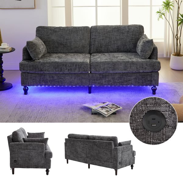 Flieks 2-Sitzer Sofa mit LED-Beleuchtung, USB-Anschluss & Aufbewahrungstasche, Chenille, Grau