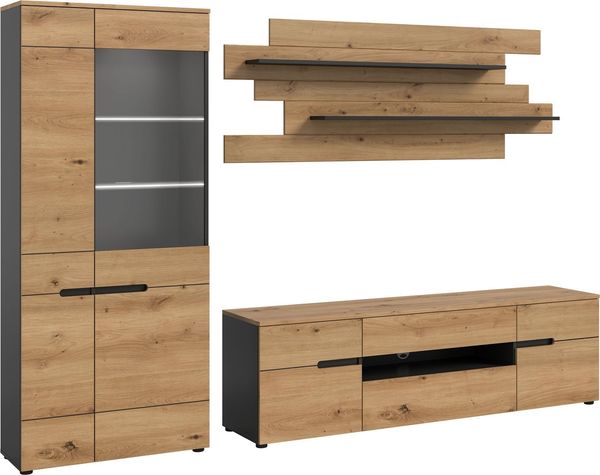 Home affaire Wohnwand REHAT, TOPSELLER!, 3-teilig, Breite 280 cm, inklusive Beleuchtung, (5-St, Set inkl. Beleuchtung, bestehend aus: Vitrine, Lowboard und Wandboard), Kombination, Anbauwand, Set, Wohn-Set, Wohnzimmer-Set, Schrankwand