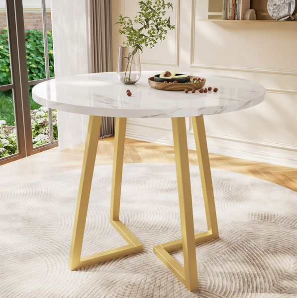 Esstisch rund Ø 80x75 cm mit Marmormuster – MDF-Tischplatte und Metallgestell in Weiß