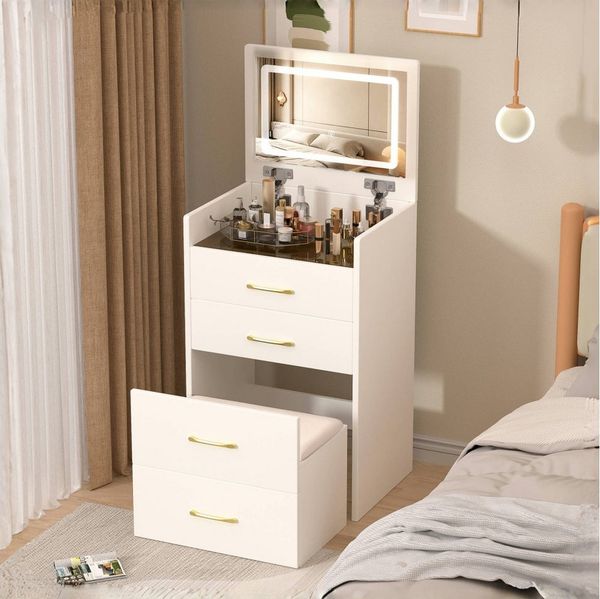 BBWL Schminktisch Kompakter 3-in-1 Schminktisch mit Glasplatte, Aufklappbarem Spiegel (3 Schubladen & Bequemem Hocker für Schlafzimmer, Weiß), B60/H118/T40 cm