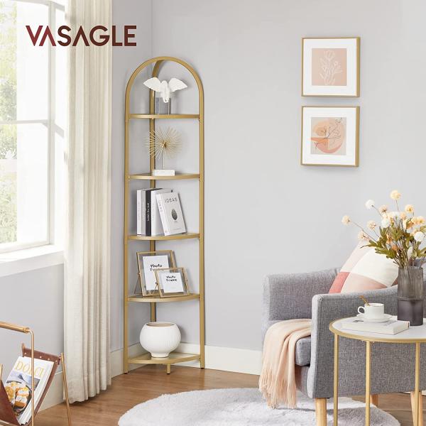 VASAGLE Eckregal mit 5 Etagen, Ablagen aus Hartglas, rostfrei, goldfarben, 158 x 28 x 28 cm LGT810A01