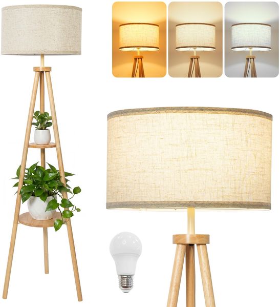 LuminexDesigns Tripod-Stehlampe aus Holz mit 2 Ablagen, Boho Stehleuchte im skandinavischen Stil, beiger Stoffschirm, E27, Fußschalter, 154 cm hoch, für Wohnzimmer Schlafzimmer Ecke
