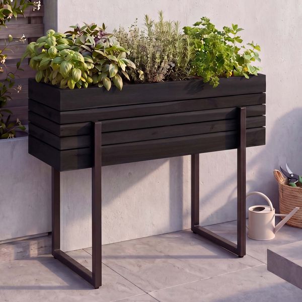 Hochbeet HWC-P85, Pflanzbeet Blumen-/Pflanzkasten Pflanzkübel, Outdoor Metall Akazie Holz FSC® 68 x 80 x 30 cm ~ schwarz