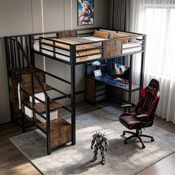 REDOM Hochbett mit Schreibtisch, LED-Beleuchtung und Ablagefächern (Metallbett Kinderbett, Einzelbett 90 x 200 cm) ohne Matratze