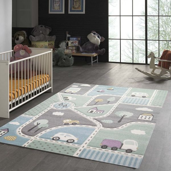 TeppichHome24 Kinderteppich Kinderteppich Straßenteppich Junge mit Straßen und Autos blau grün, rechteckig, Höhe: 15 mm