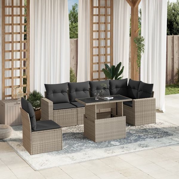 vidaXL 7-tlg. Garten-Sofagarnitur mit Kissen Hellgrau Poly Rattan 3267312