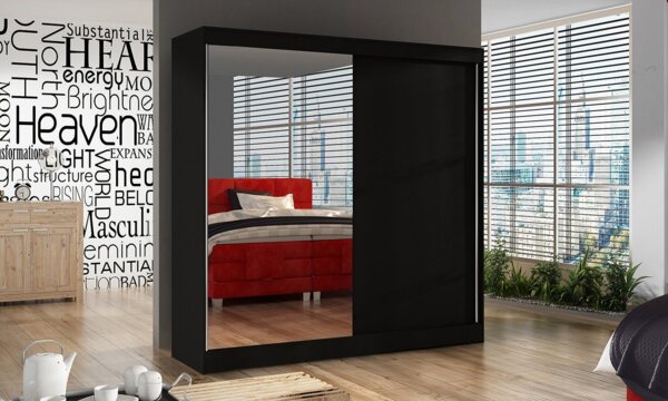 Schwebetürenschrank Basti I 200 cm mit Spiegel - Kleiderschrank, Schiebetürenschrank mit Kleiderstange und Einlegeboden, Schlafzimmerschrank, Schiebetüren, 200x215x58 cm (Schwarz)