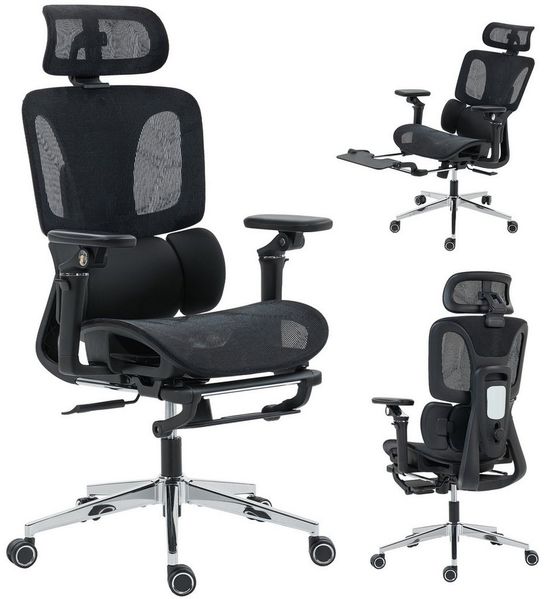 HOMCOM Bürostuhl mit verstellbar Lenden- und Kopfstütze, 5D-Klapparmlehnen, Fußstütze (Ergonomisch Schreibtischstuhl, 1 St), für Arbeitszimmer, Büro, Schwarz