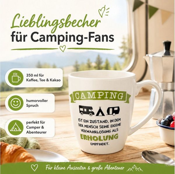 GILDE Tasse Camping Tasse mit Spruch 350 ml Keramik Becher Wohnwagenmotiv, 1-tlg, Porzellan
